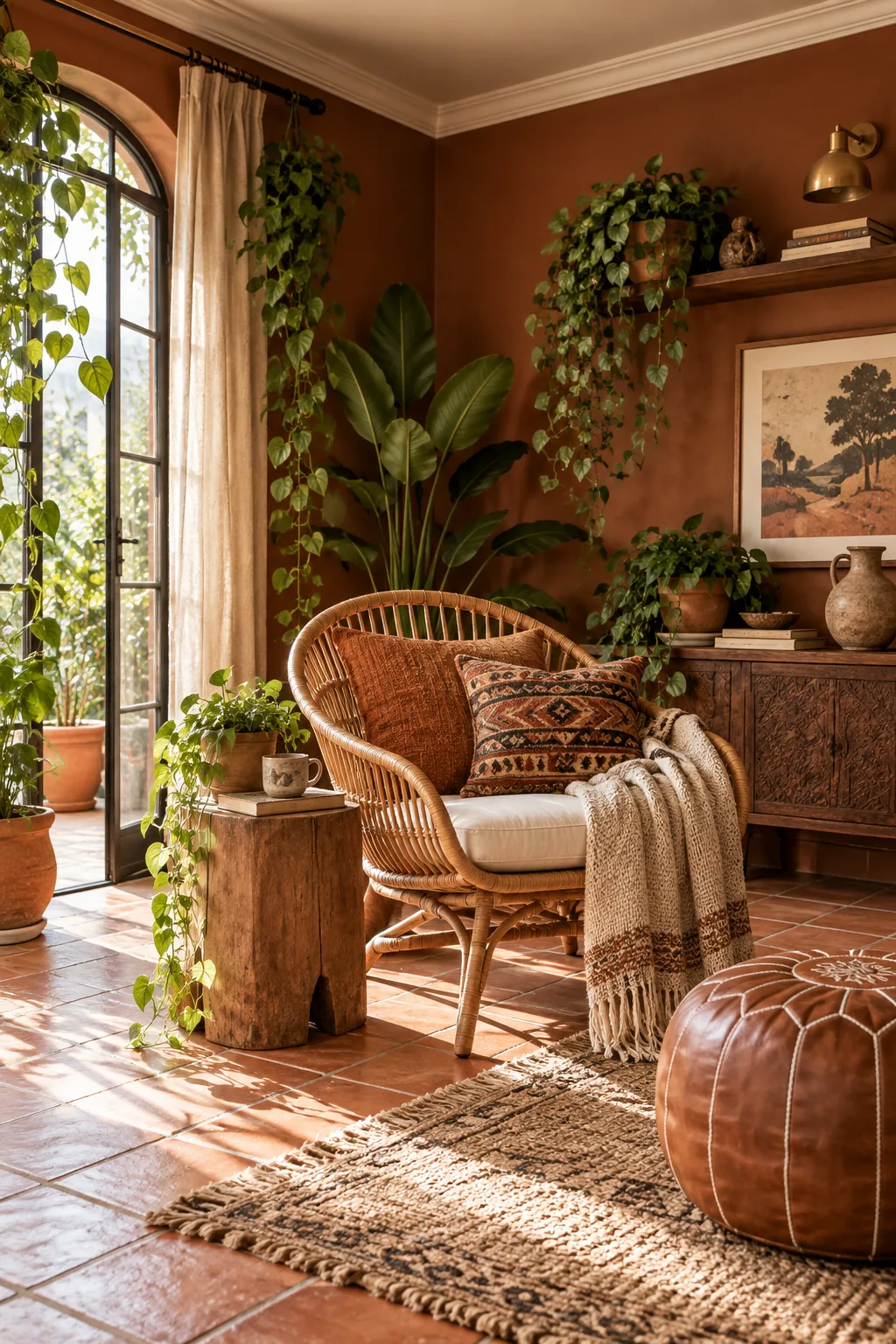 A bohemian lounge with rust-brown walls, terracotta tiles, and a rattan chair.
