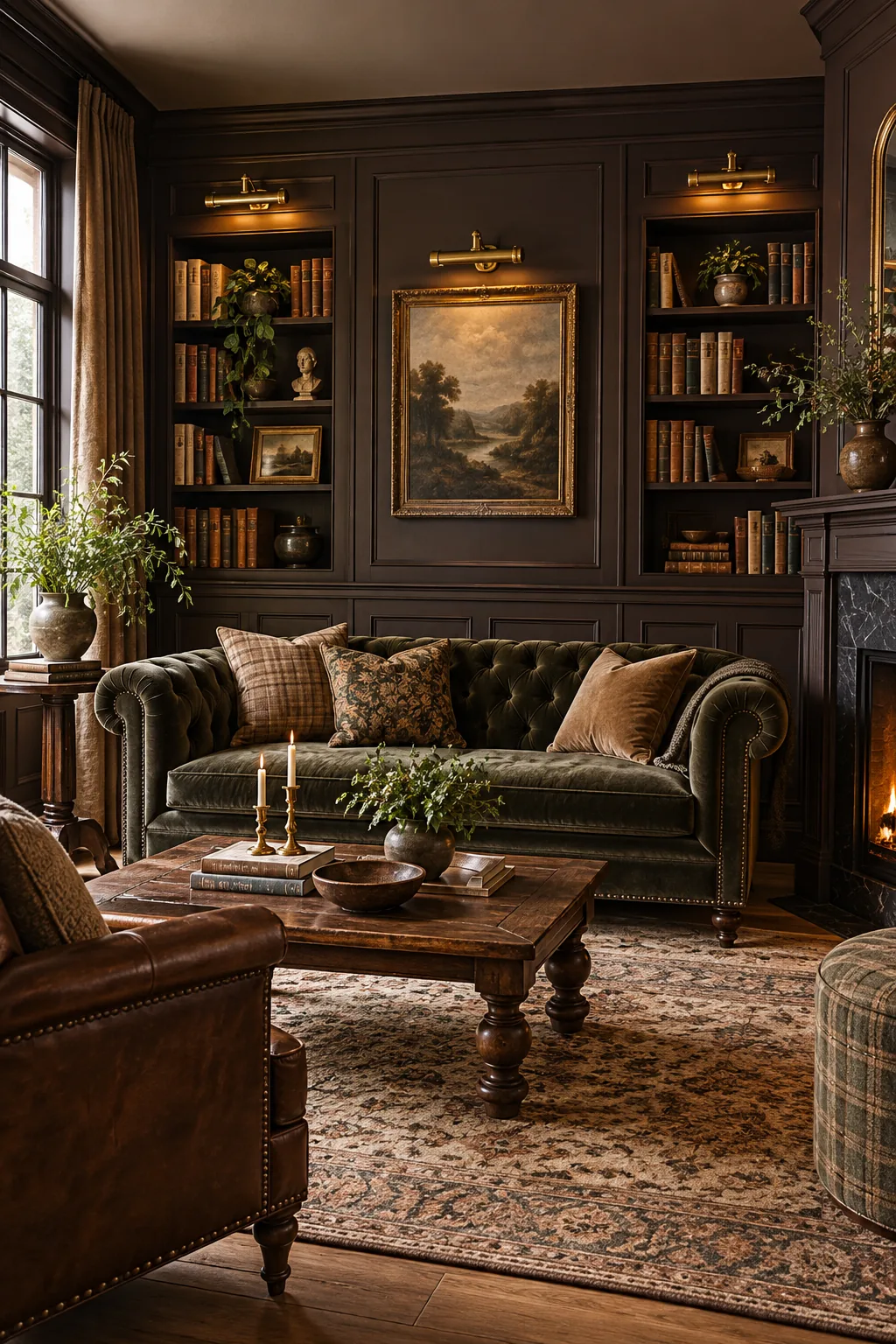 A traditional library with espresso brown wainscoting and brass lighting.