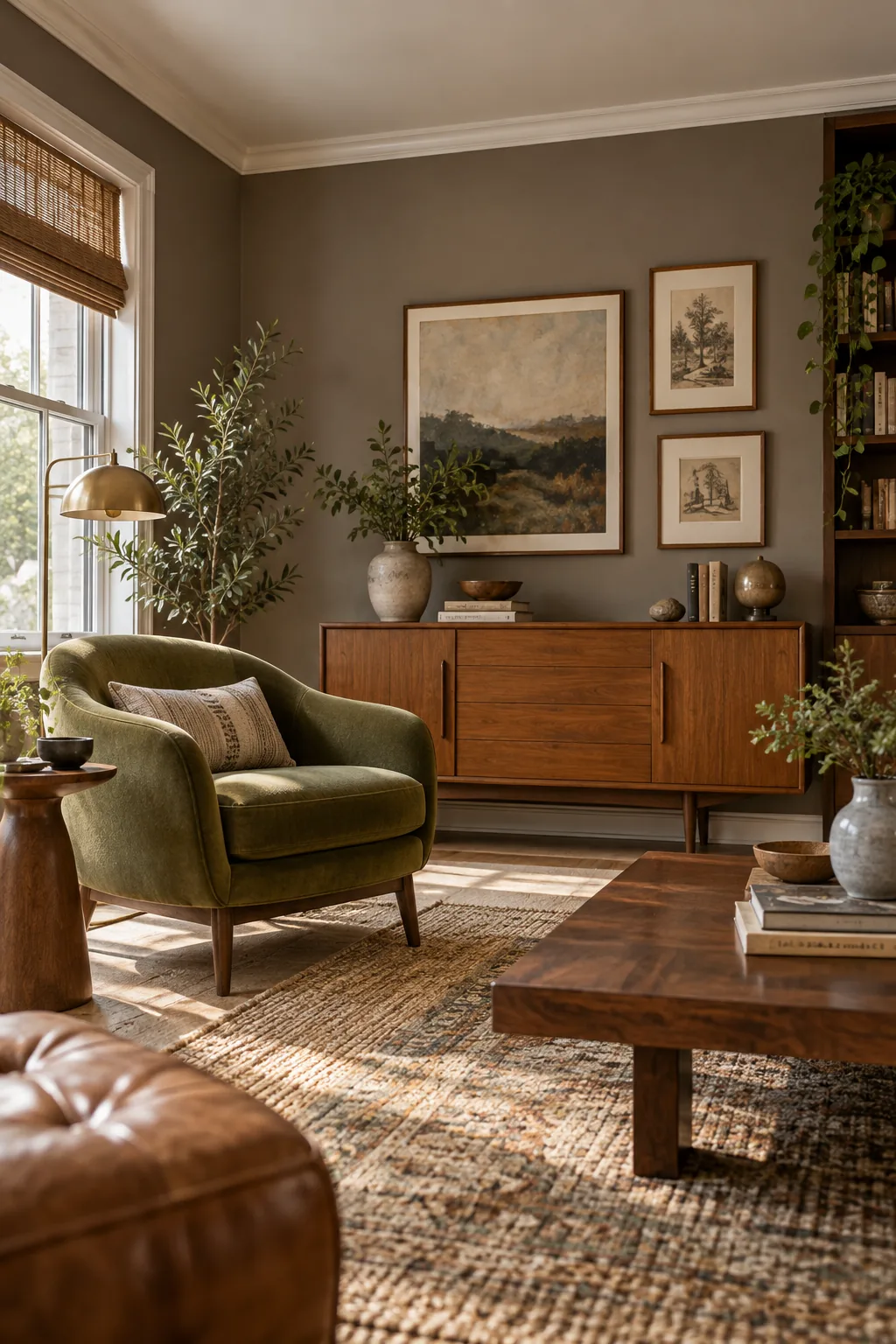 A mid-century den with taupe brown walls and an olive green chair.