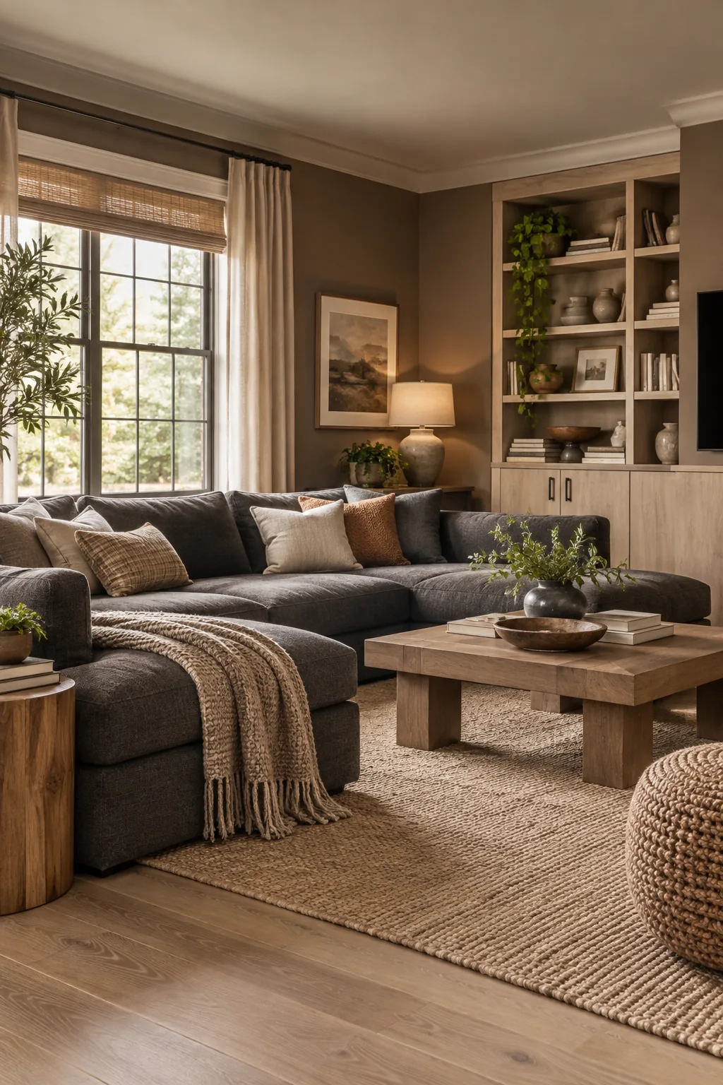 A modern family room with mushroom brown walls and a charcoal sectional.