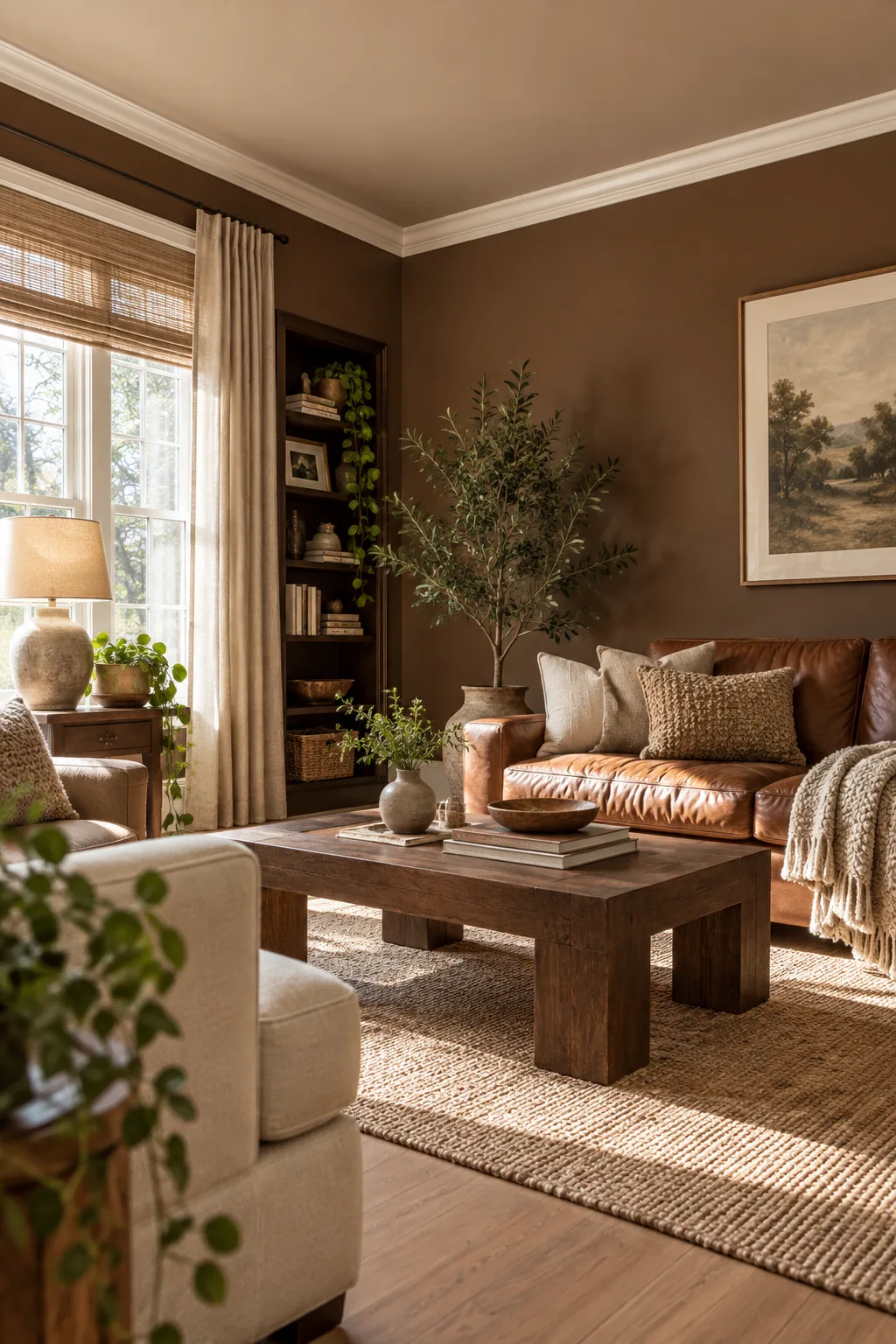 Low-angle view of a matte mocha wall meeting a softly tinted light brown ceiling at the crown molding.