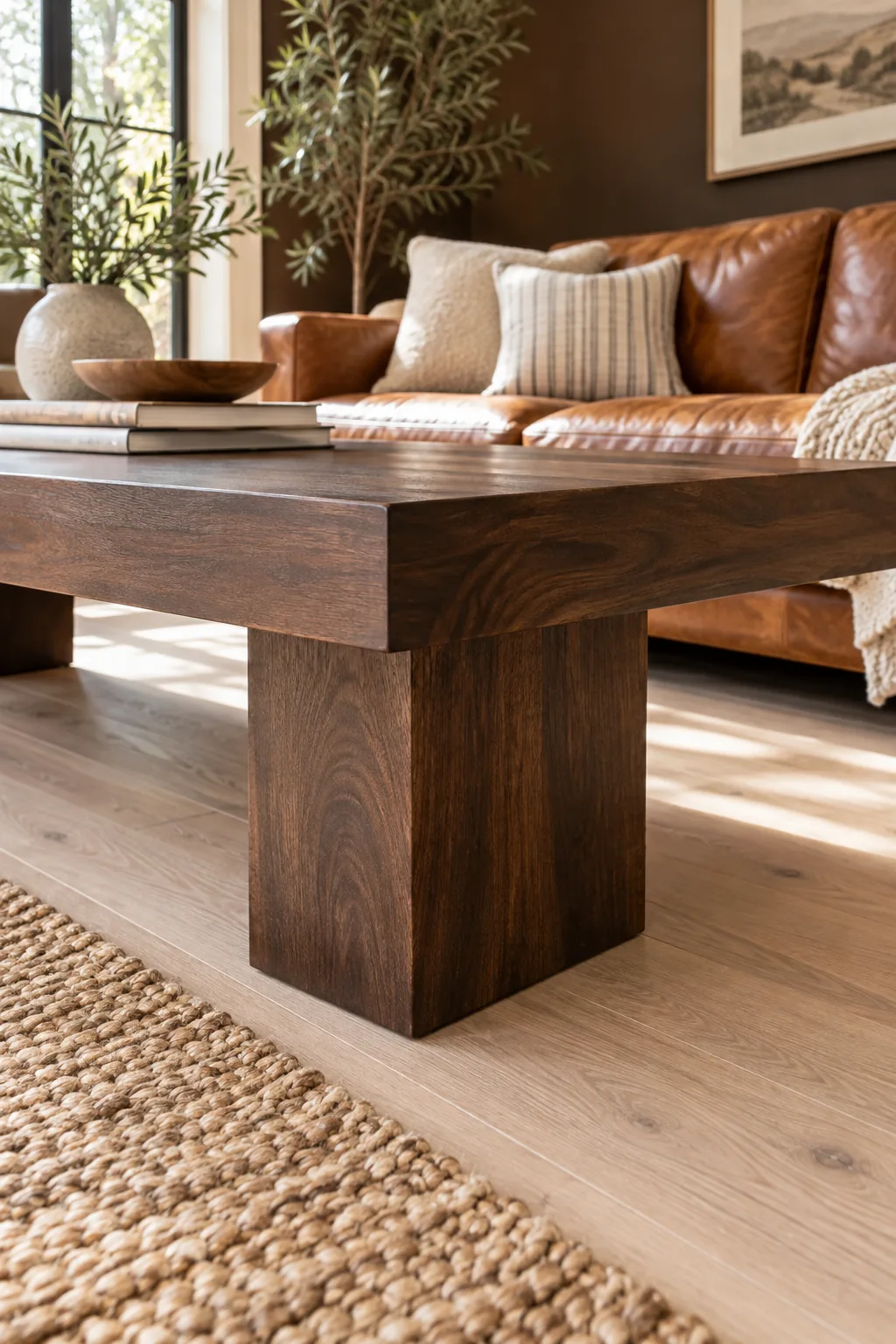 A dark walnut coffee table leg resting on a pale oak floor next to a jute rug.