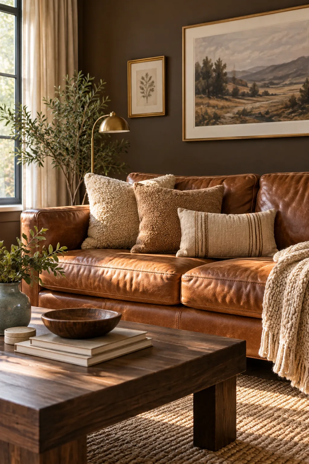 A cognac leather sofa bathed in natural sunlight against a mocha wall.