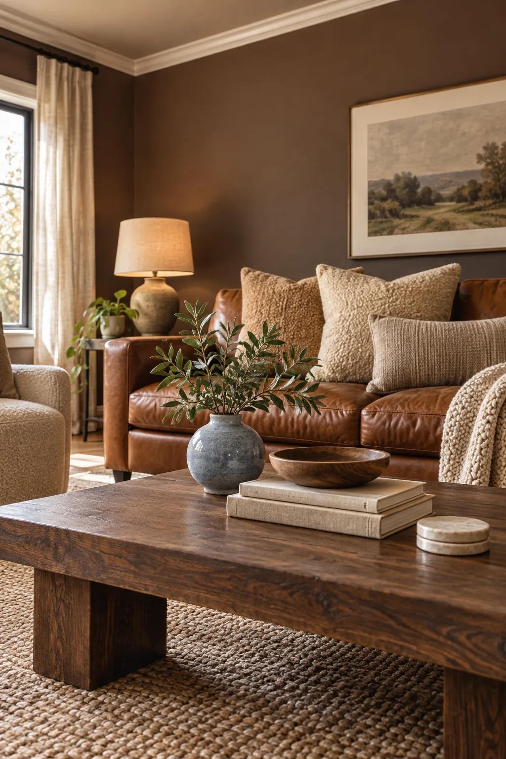 Camel boucl&eacute; pillows layered on a cognac leather sofa against a mocha wall.