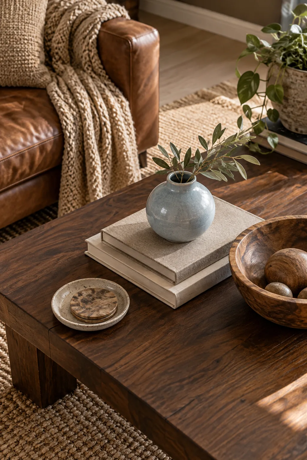 Overhead view of a walnut coffee table styled with a powder-blue vase and books.