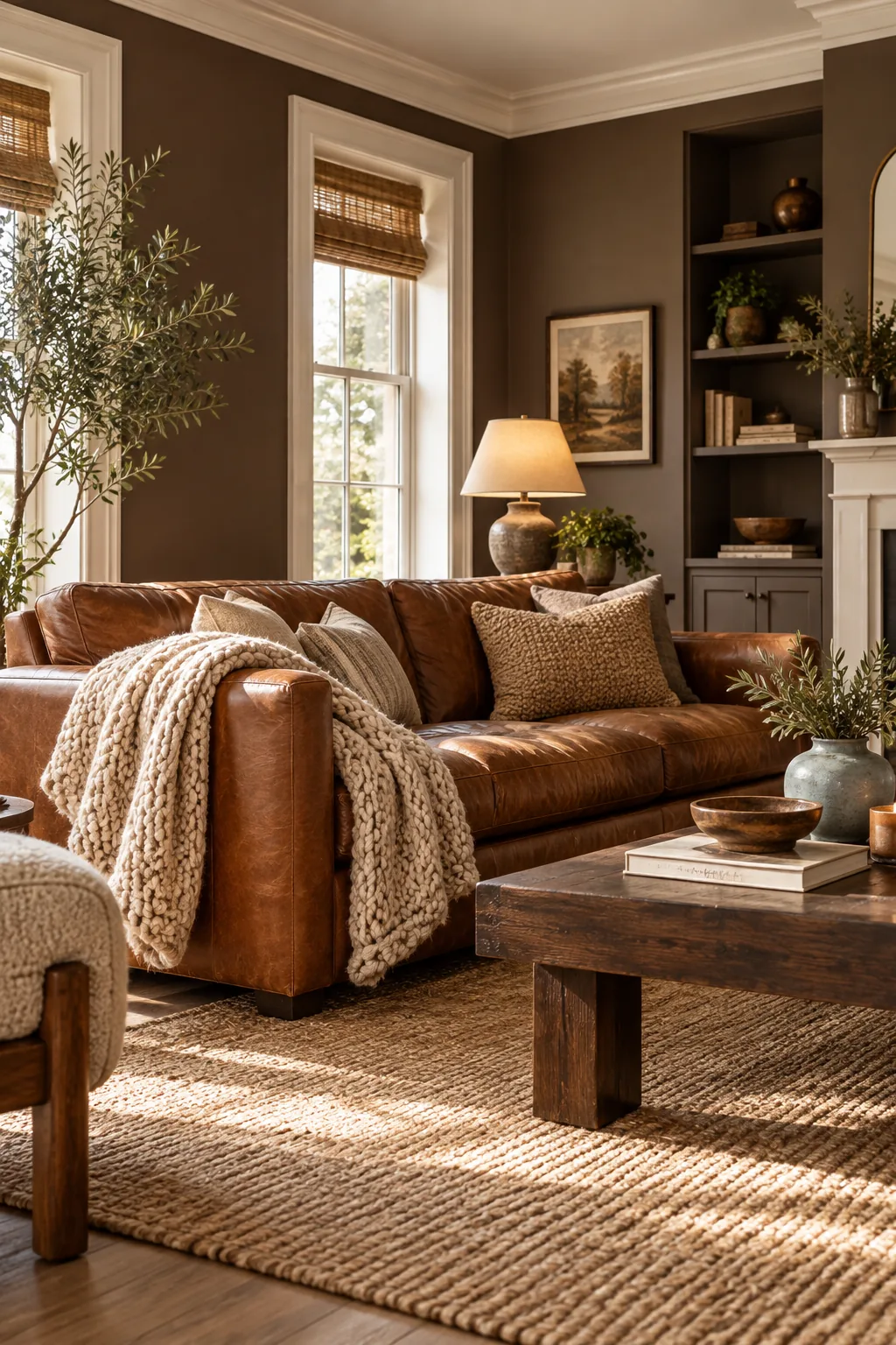 A chunky knit throw blanket draped over a smooth leather sofa armrest.