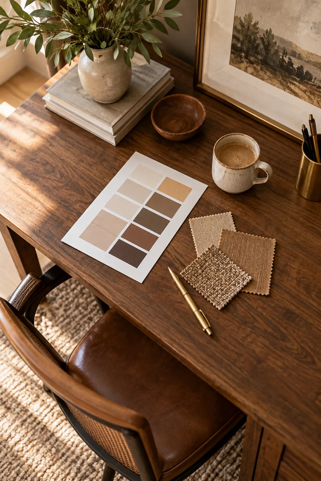 A printed brown undertone matching sheet resting on a desk next to fabric swatches.