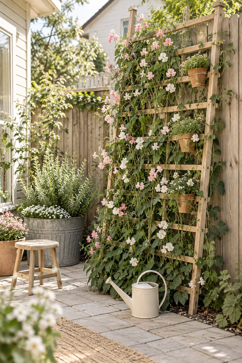 A tall wooden trellis leaning against a fence with small terra cotta pots hanging from the rungs