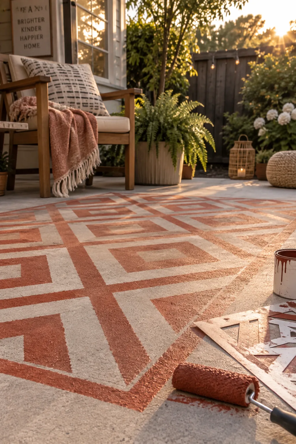 A concrete patio slab painted with a black and white geometric rug pattern