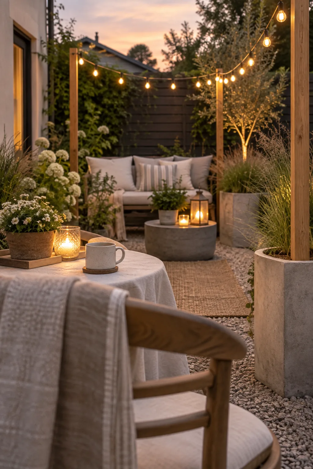 Wooden posts set inside concrete planters holding up glowing string lights over a patio seating area