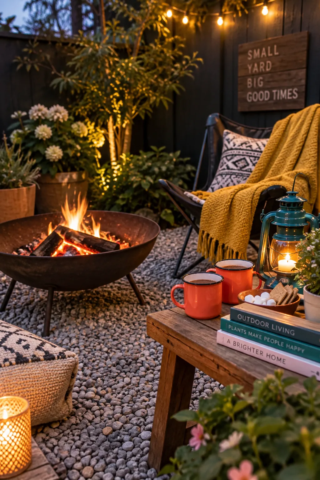 A round metal fire pit sitting on a bed of pea gravel surrounded by camp chairs