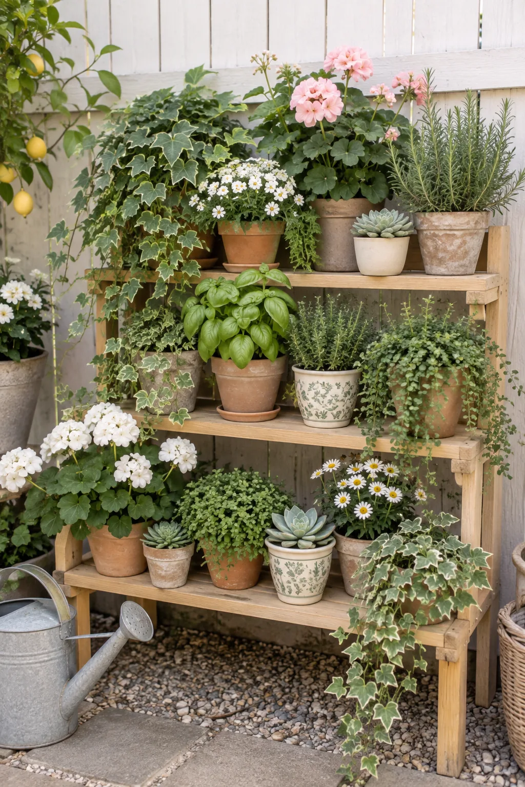 A three-tiered wooden plant stand packed tightly with various potted green plants and flowers