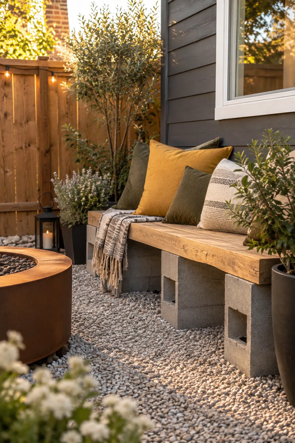 An outdoor bench made from stacked concrete cinder blocks topped with a wooden board and pillows