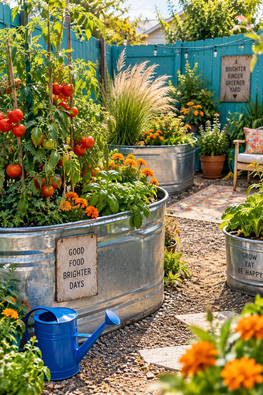 Large galvanized metal water troughs used as planters filled with tall green tomato plants
