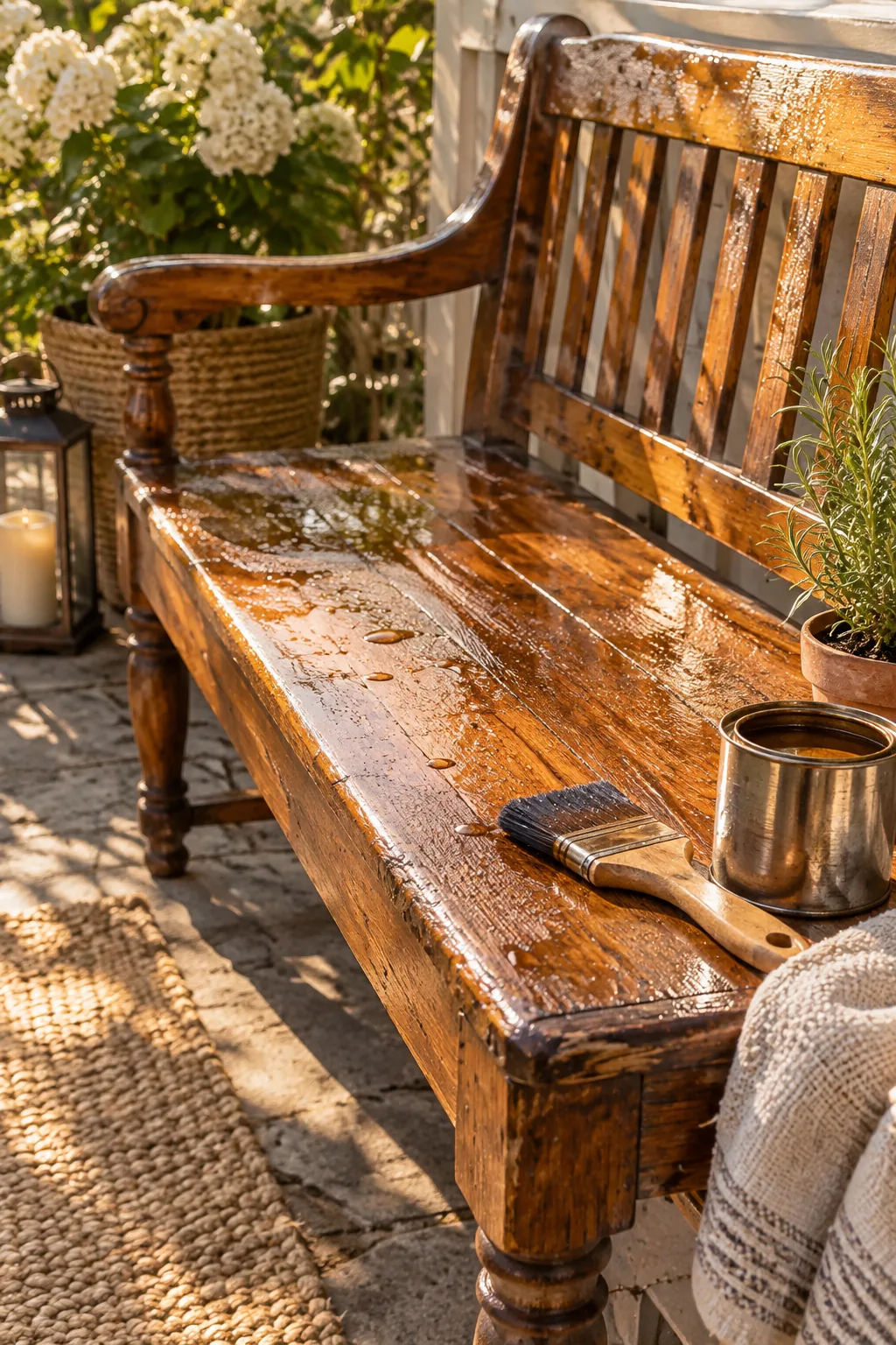 A vintage wooden dining table sealed with shiny marine varnish sitting on an outdoor patio