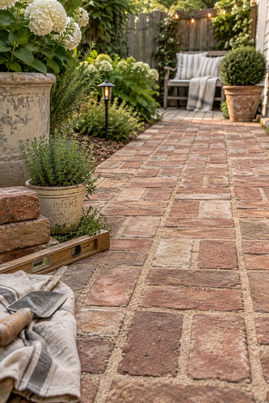 A narrow garden pathway made from weathered red bricks laid in a basketweave pattern