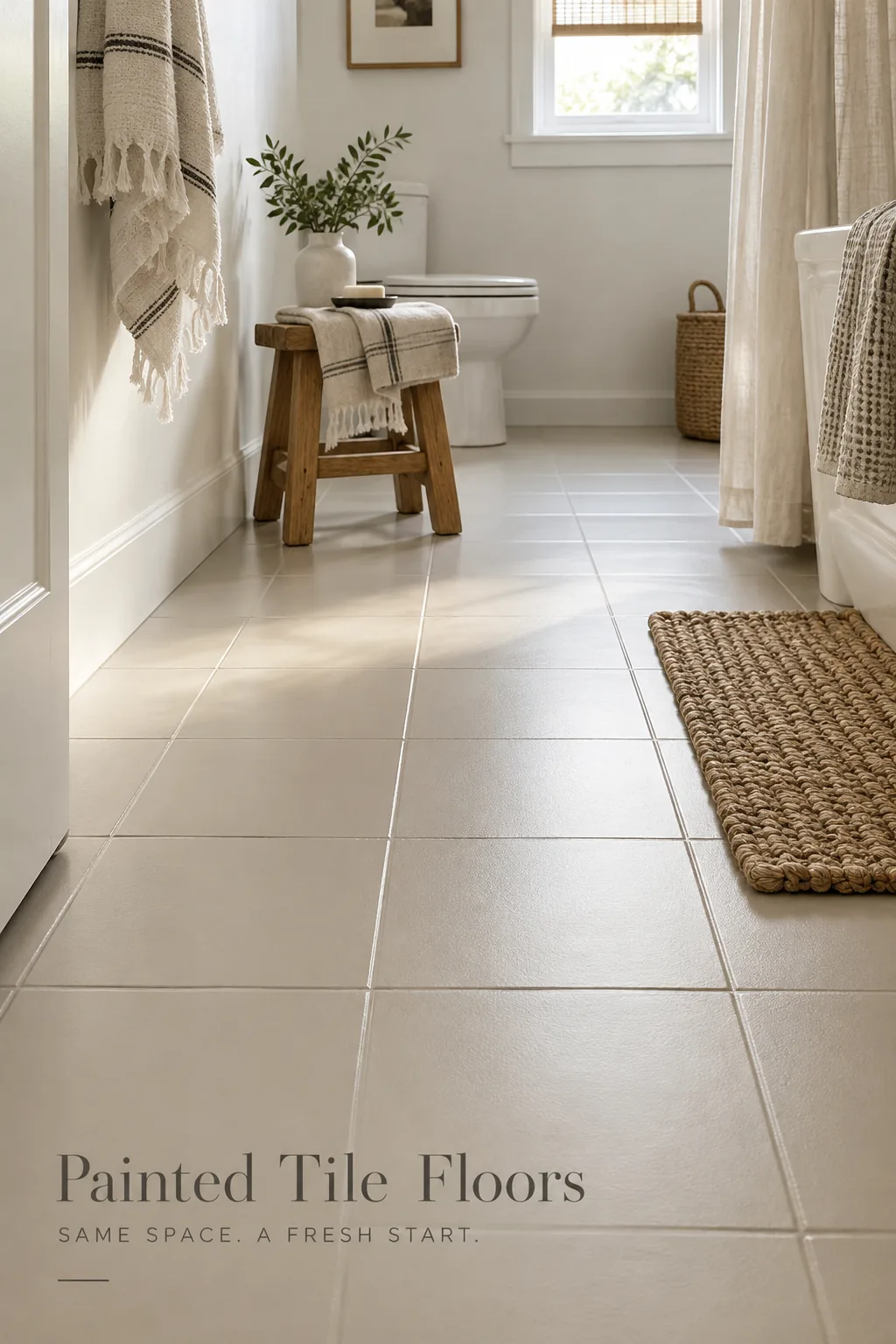 White painted bathroom floor tiles with a matte finish