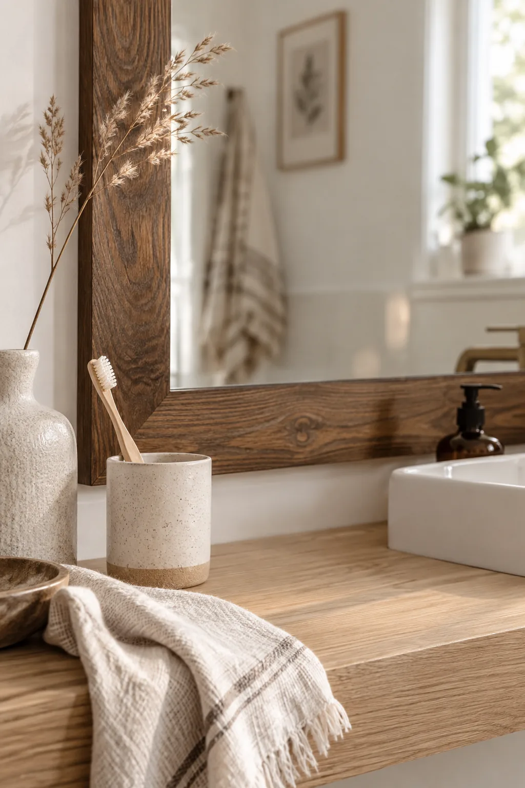 Large bathroom mirror framed with stained pine wood