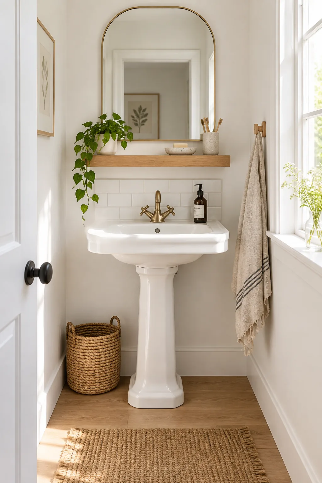 Small wooden floating shelf mounted above a pedestal sink