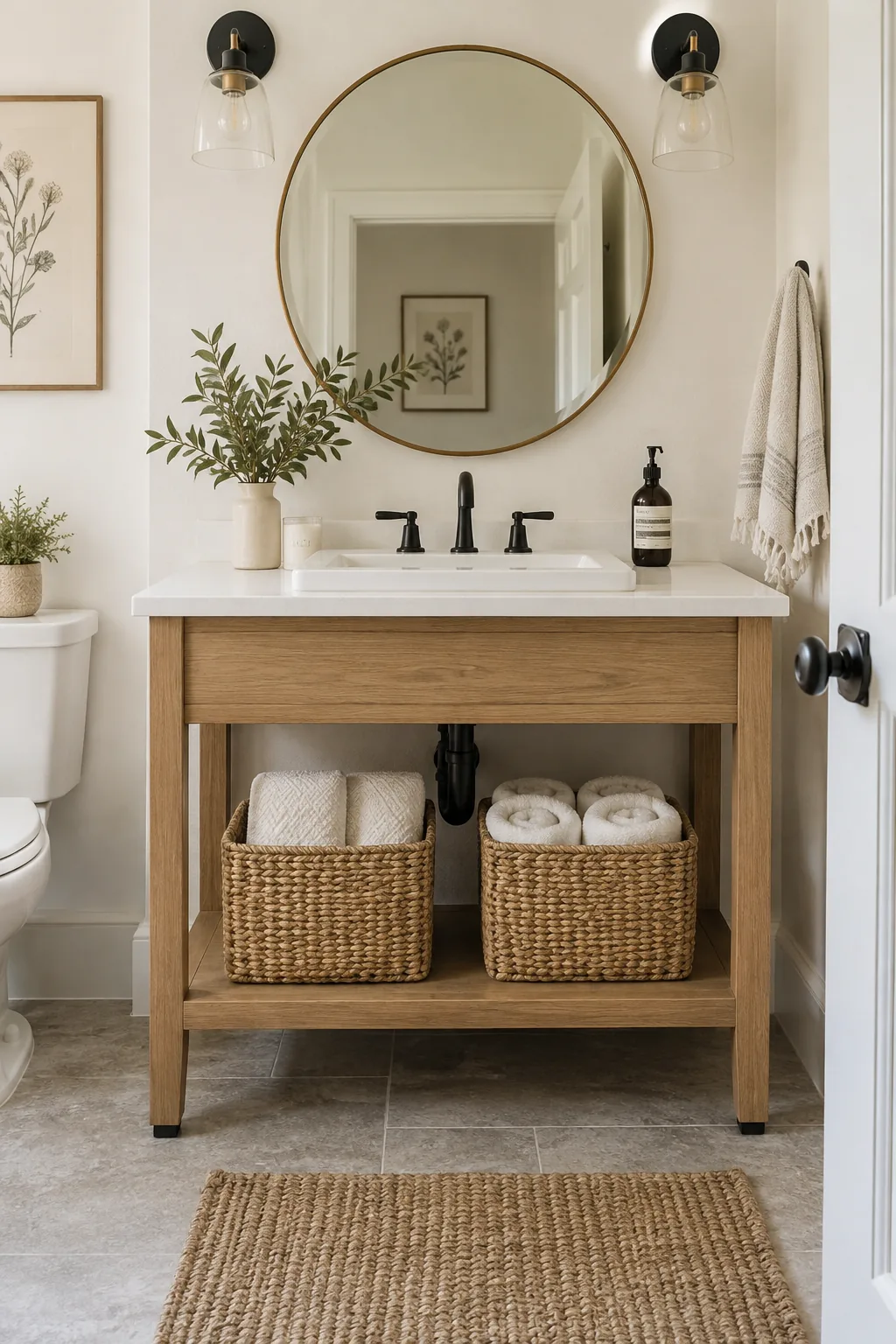 Wooden console table converted into a bathroom vanity with baskets underneath