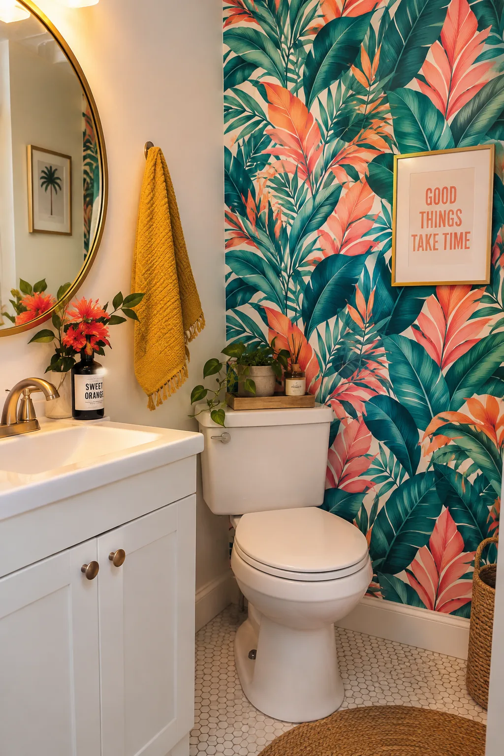 Bathroom accent wall covered in botanical peel-and-stick wallpaper