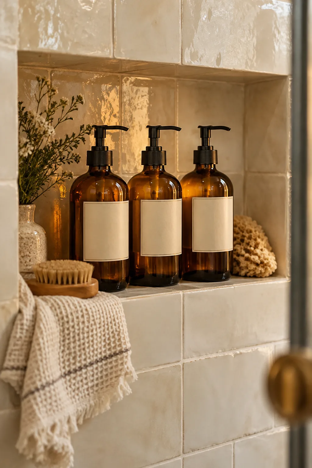 Amber glass pump bottles lined up in a shower niche