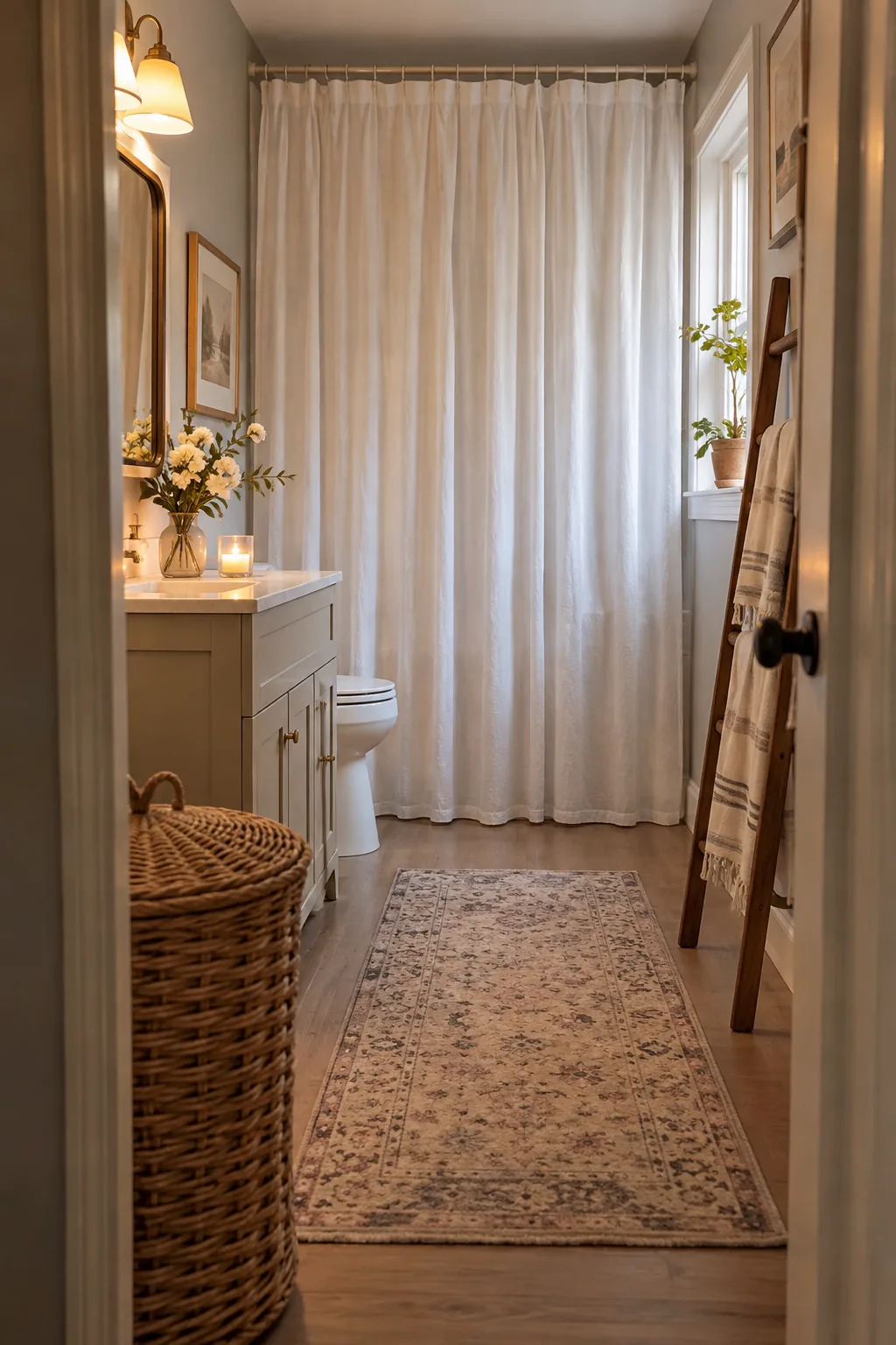 Extra-long white shower curtain hung close to the bathroom ceiling