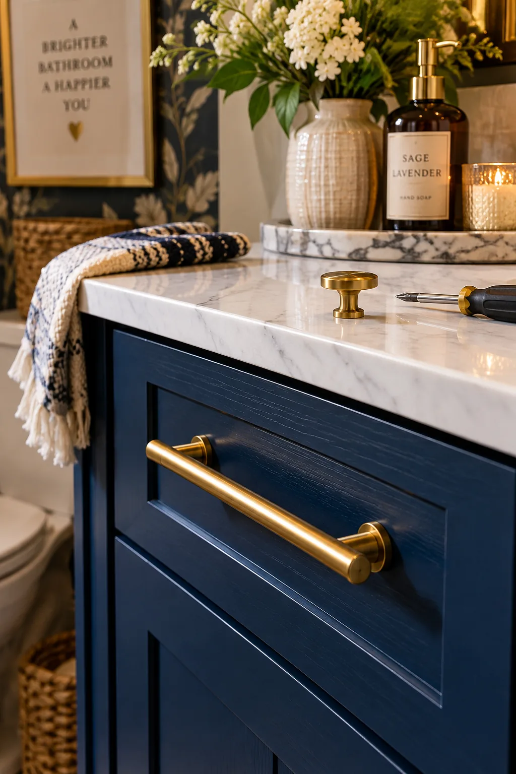 Navy blue bathroom vanity doors with brushed brass pulls