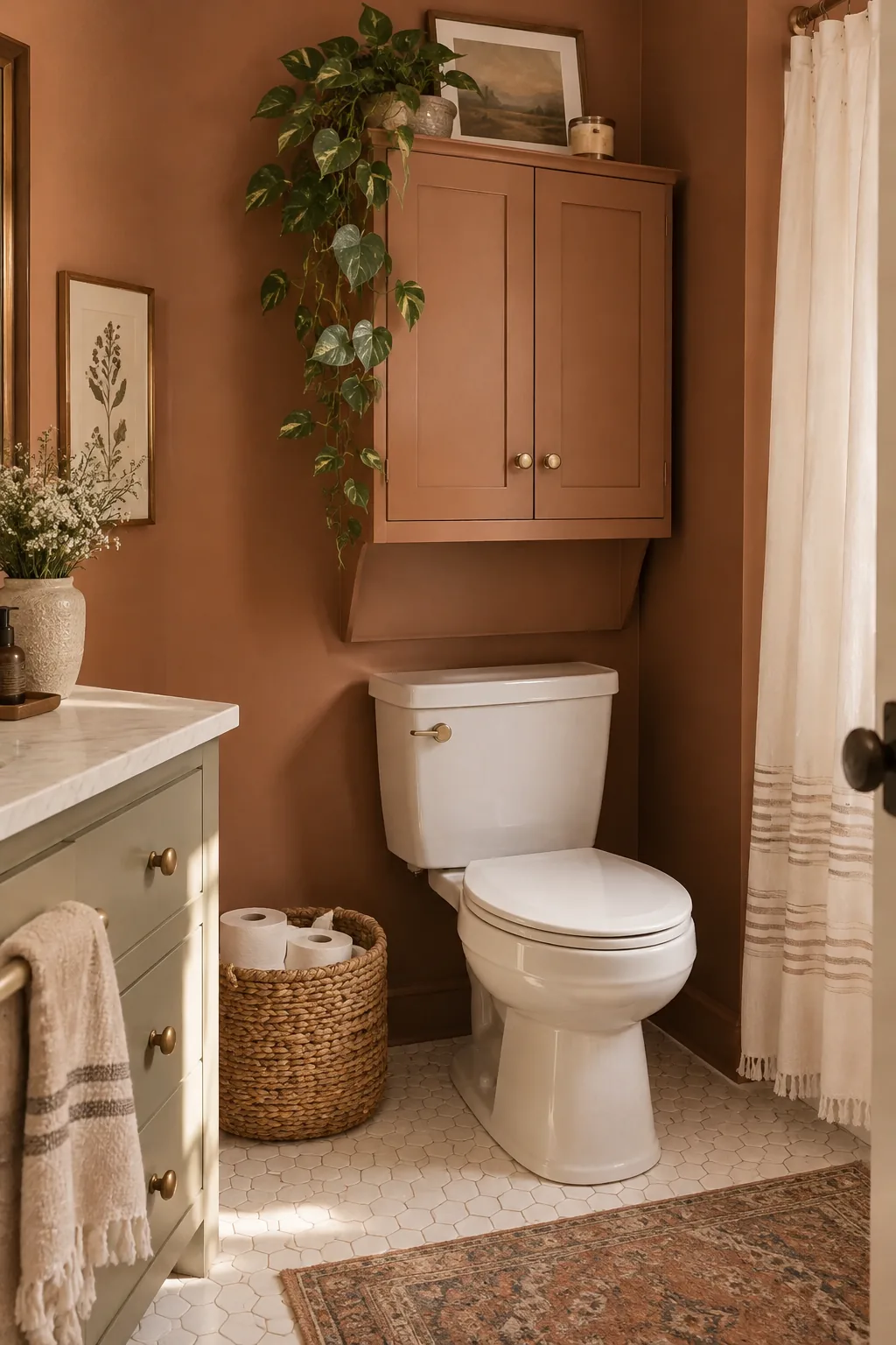 Slim wooden cabinet mounted on the wall above a toilet