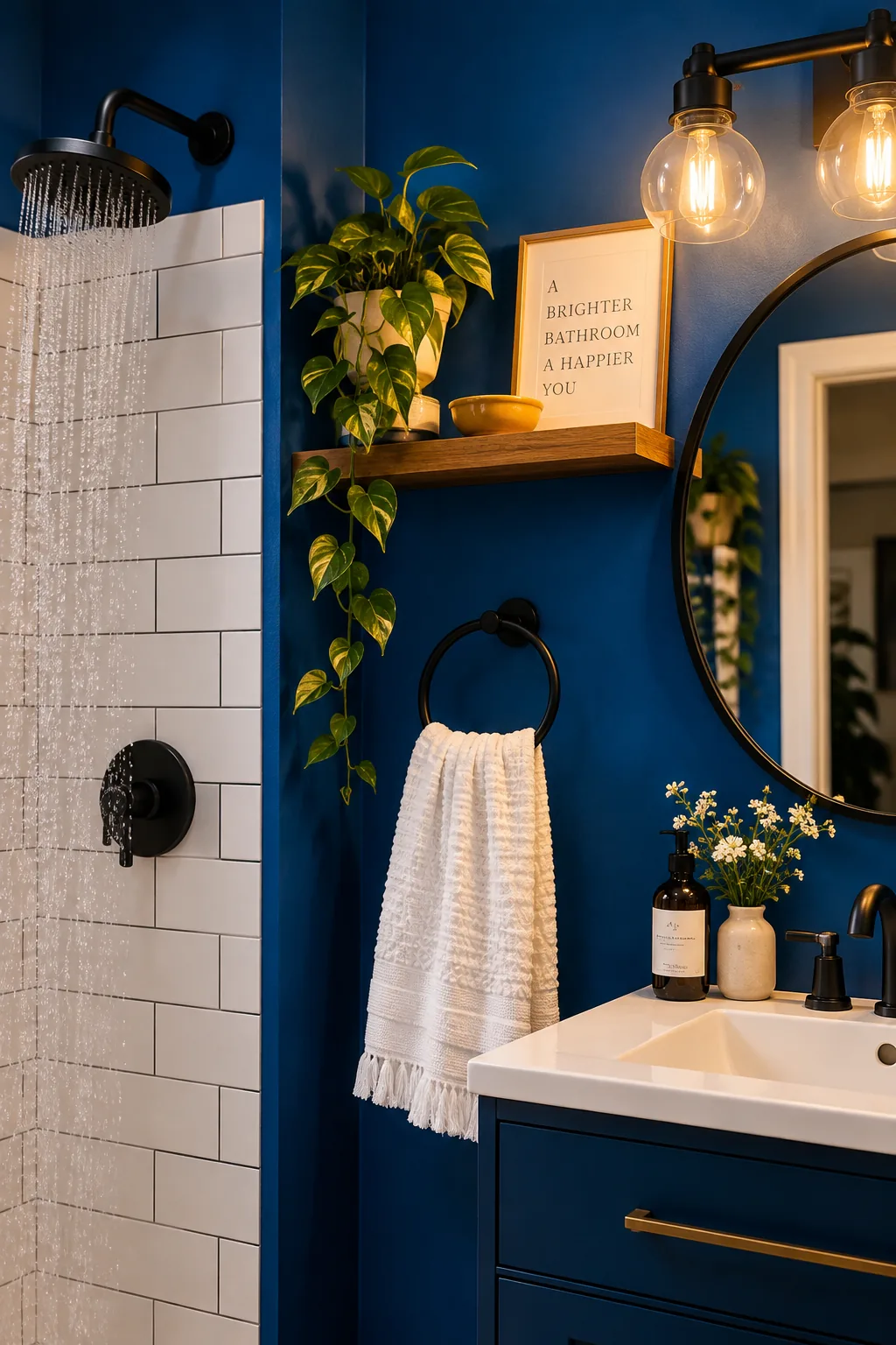 Matching matte black showerhead, faucet, and towel ring in a bathroom