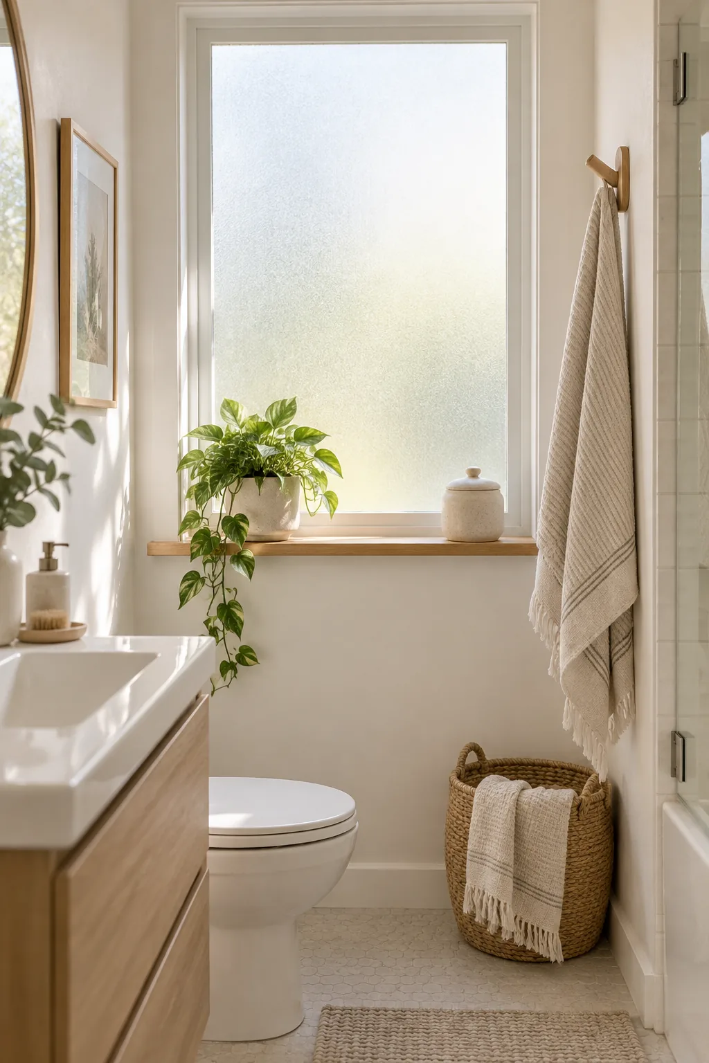 Bathroom window covered in frosted privacy film letting in sunlight