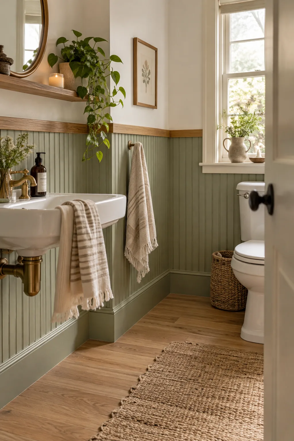 Lower half of a bathroom wall covered in white beadboard paneling