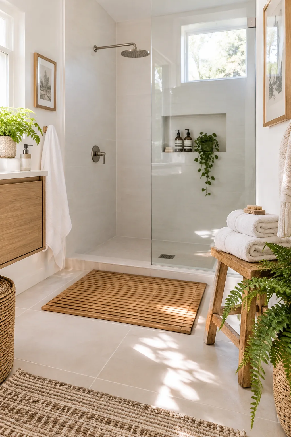 Slatted wooden bamboo bath mat on a tile floor