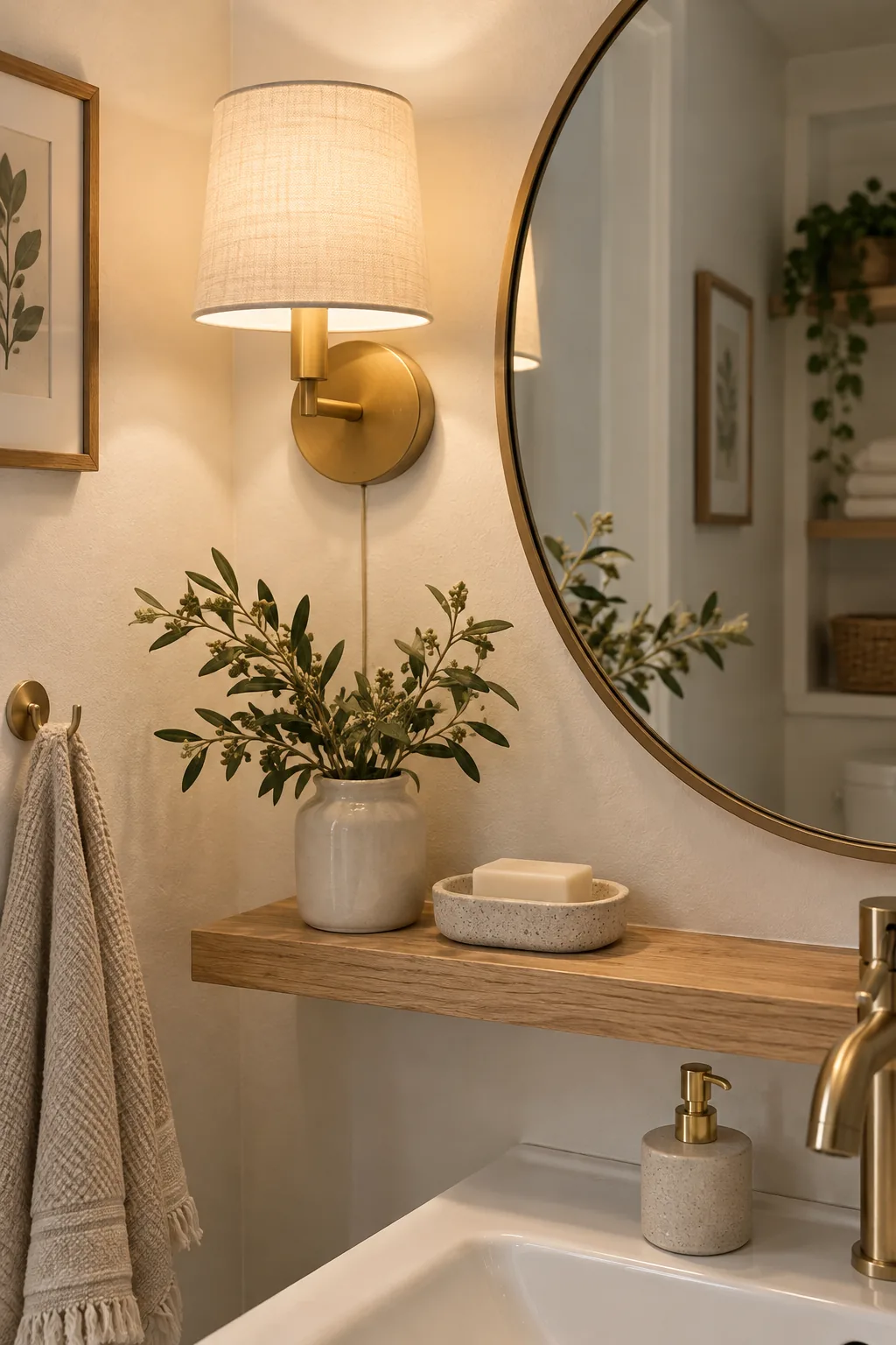Plug-in brass wall sconce mounted next to a bathroom mirror