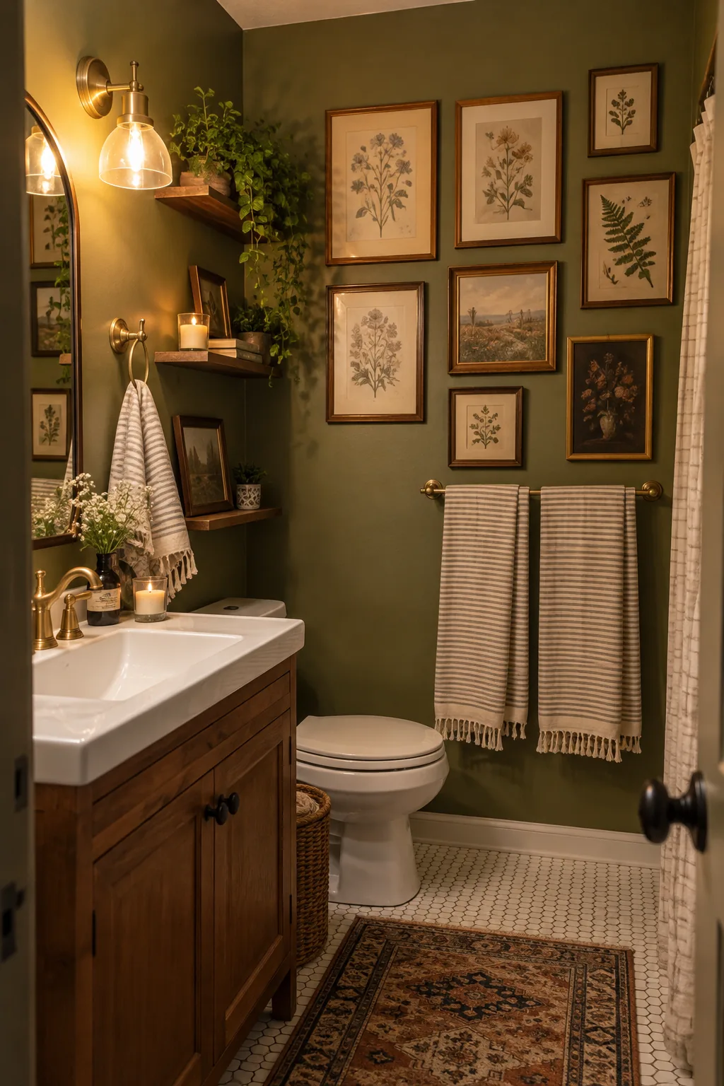 Three small framed vintage art prints hanging above a bathroom towel bar