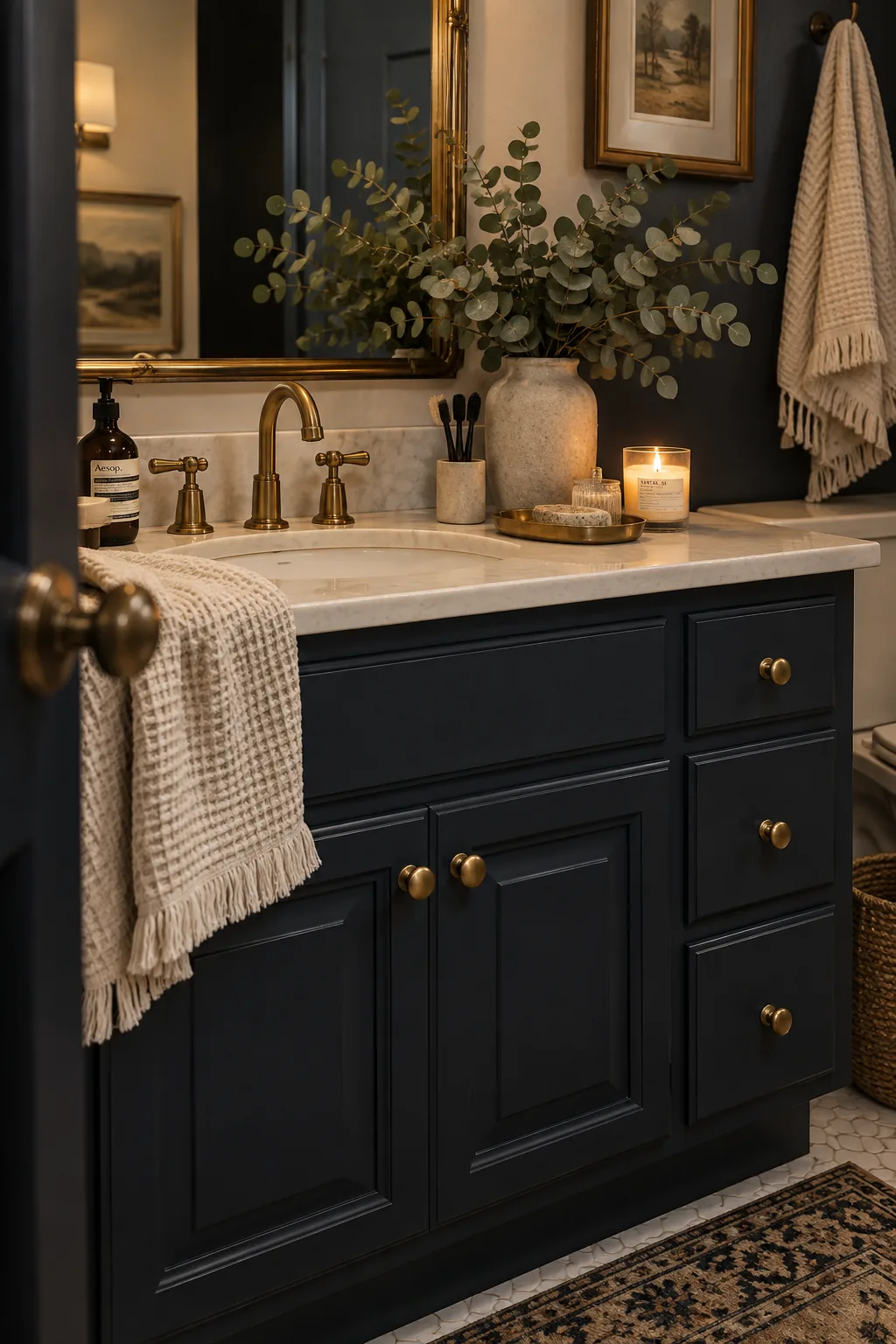 Small bathroom with a dark charcoal painted vanity and brass hardware