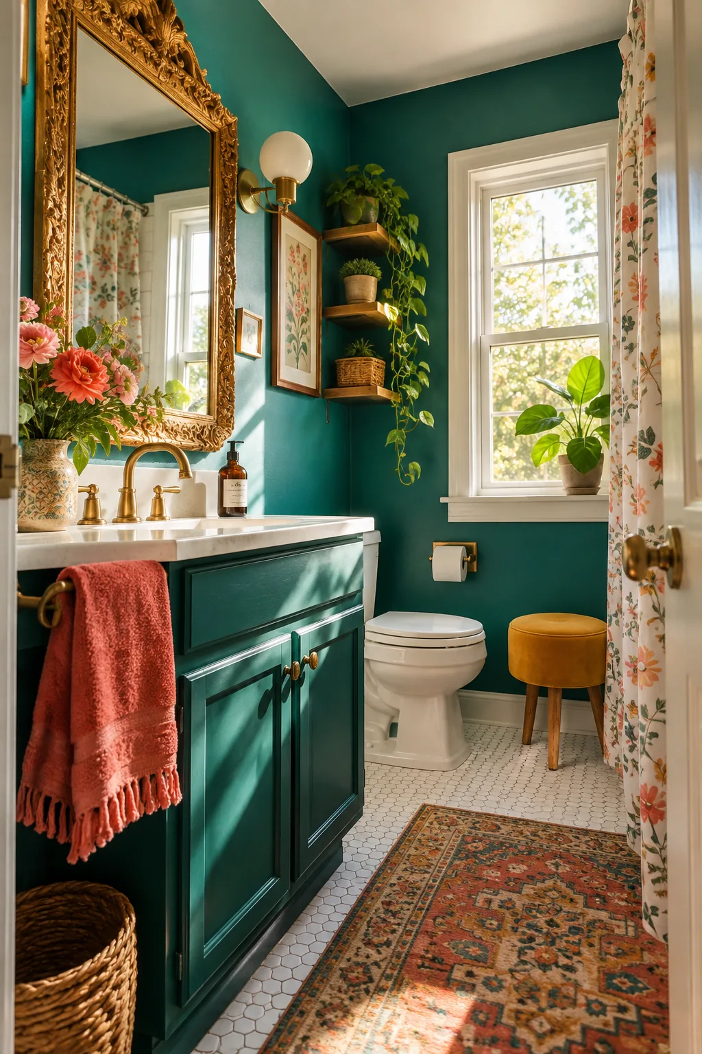 Ornate vintage brass mirror hanging above a small bathroom sink