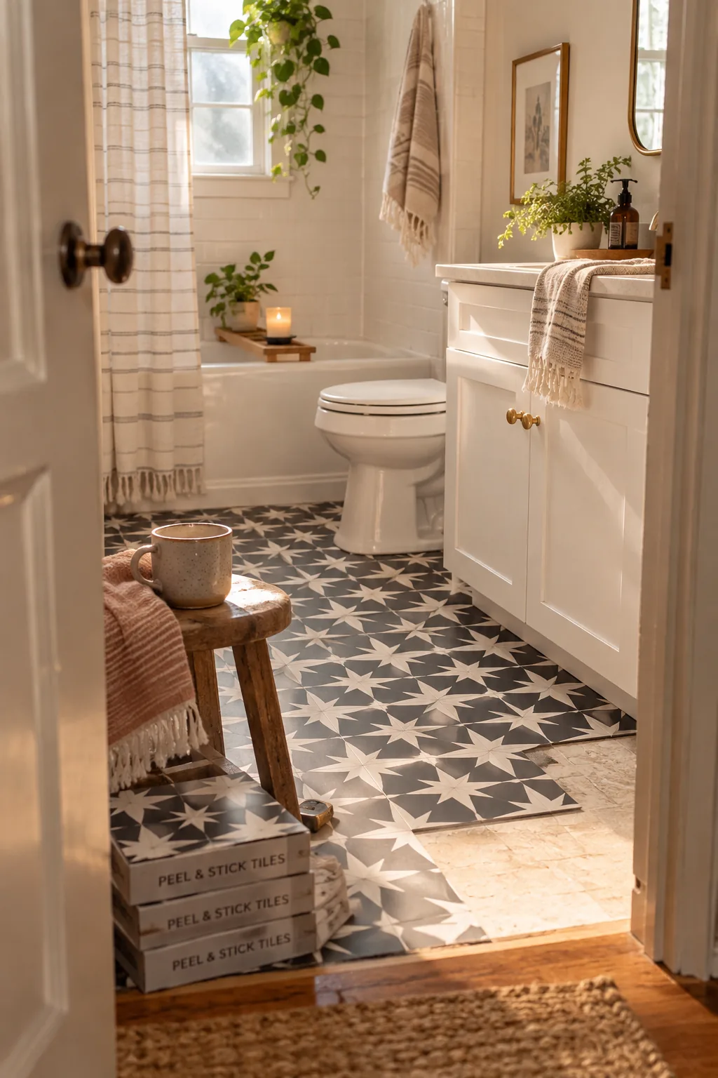 Black and white patterned peel and stick floor tiles in a tiny bathroom