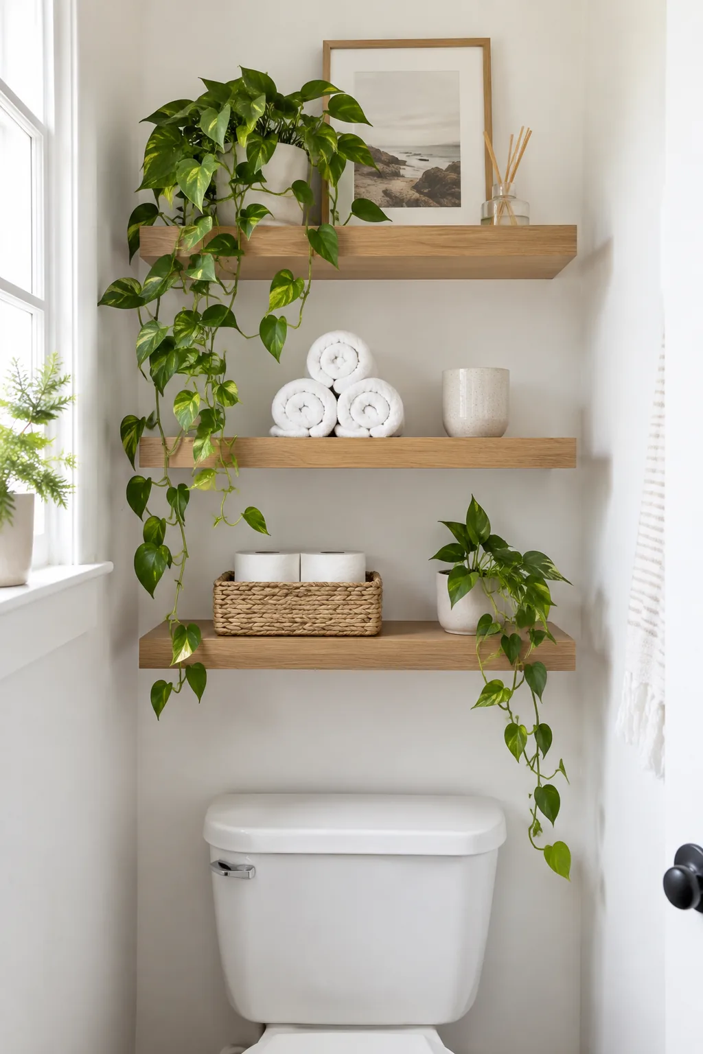 Chunky wood floating shelves above a toilet styled with towels and a plant