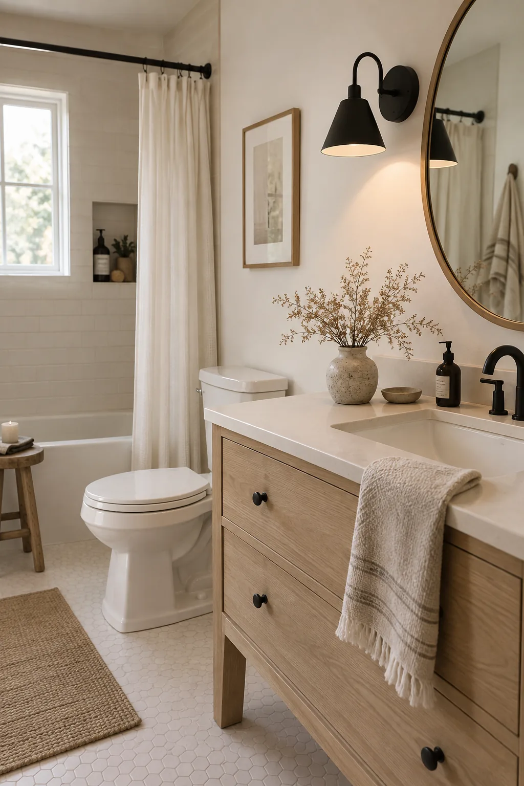 Modern matte black vanity light fixture mounted over a bathroom mirror