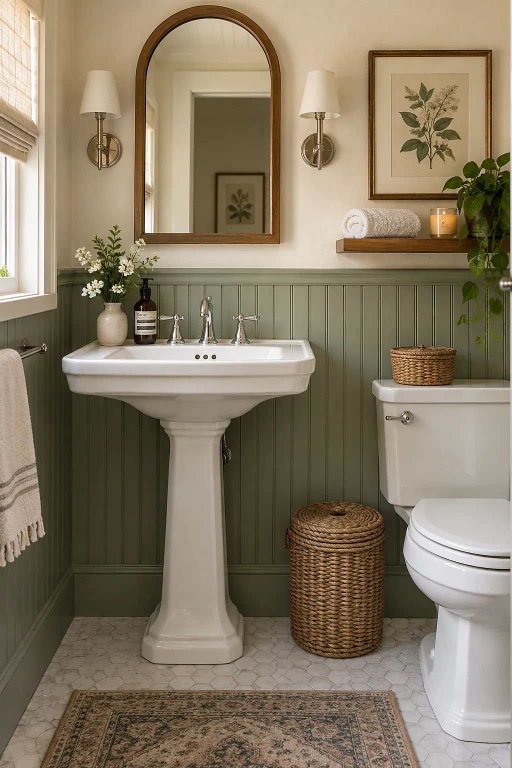 Sage green beadboard wainscoting in a small bathroom
