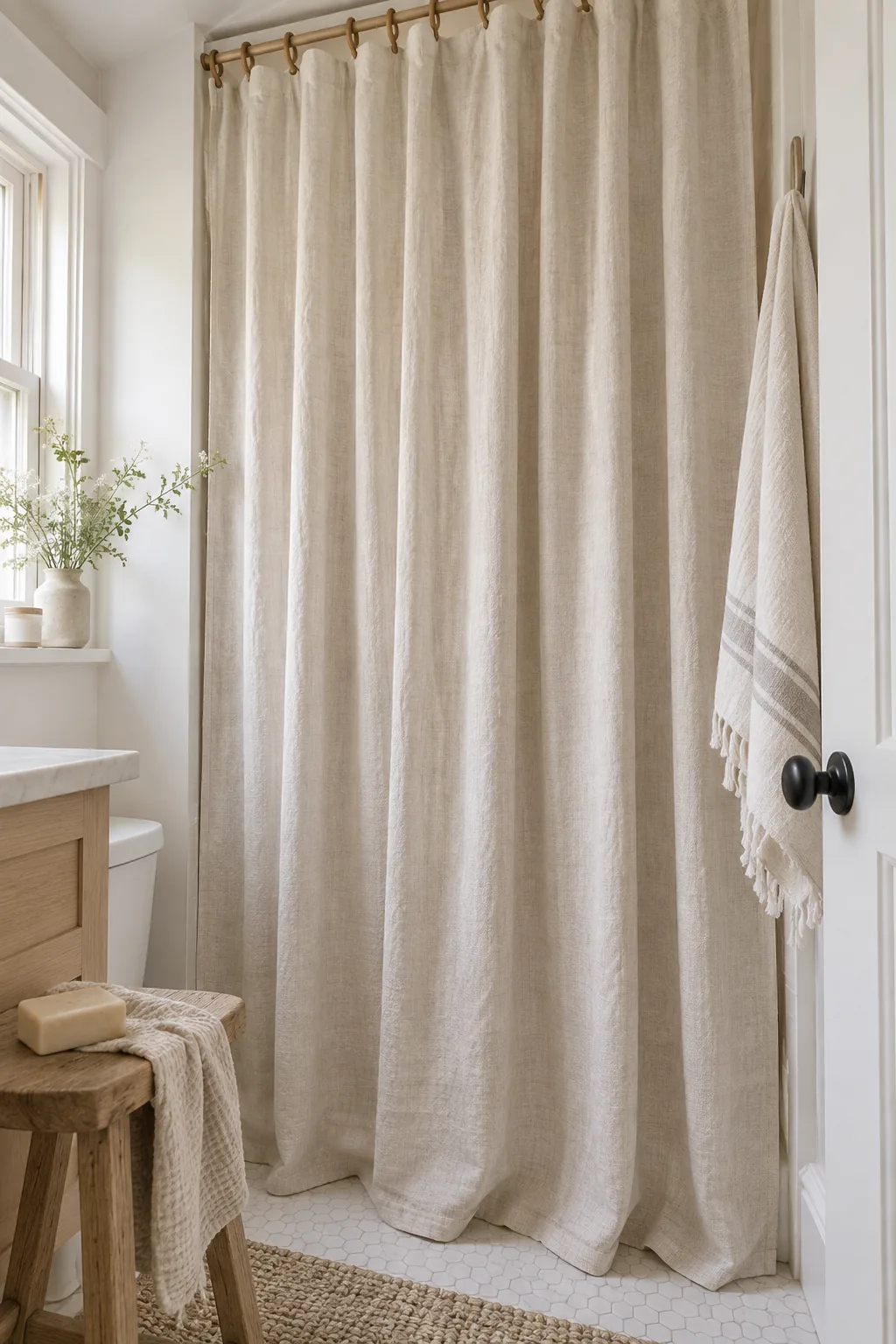 White extra-long shower curtain hung close to the bathroom ceiling