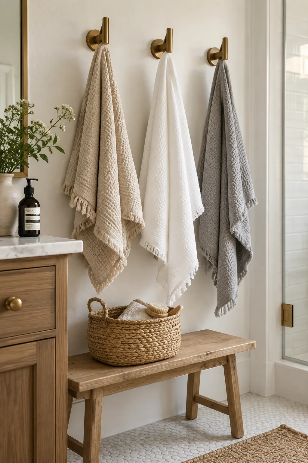 Row of matte black robe hooks holding fluffy white towels on a bathroom wall