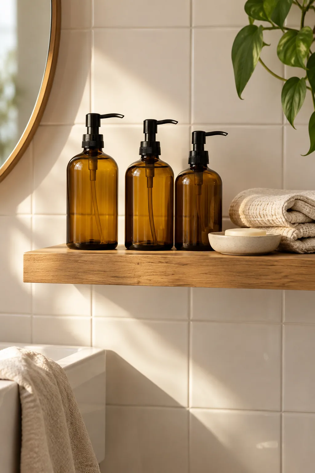 Amber glass pump bottles lined up neatly in a shower niche