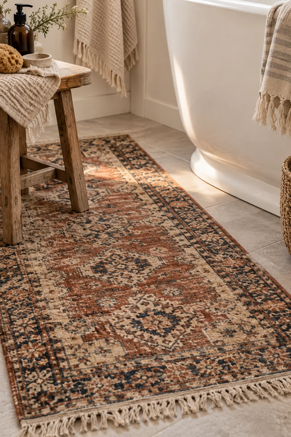 Faded red and blue vintage runner rug on a bathroom floor