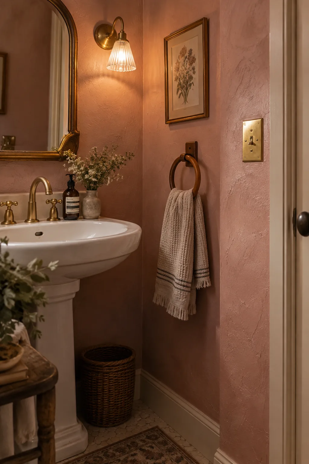 Solid brass light switch plate on a painted bathroom wall