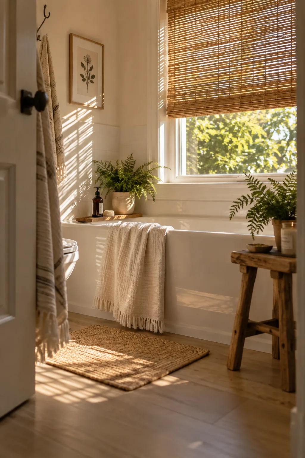 Woven bamboo roman shade pulled halfway down a bathroom window