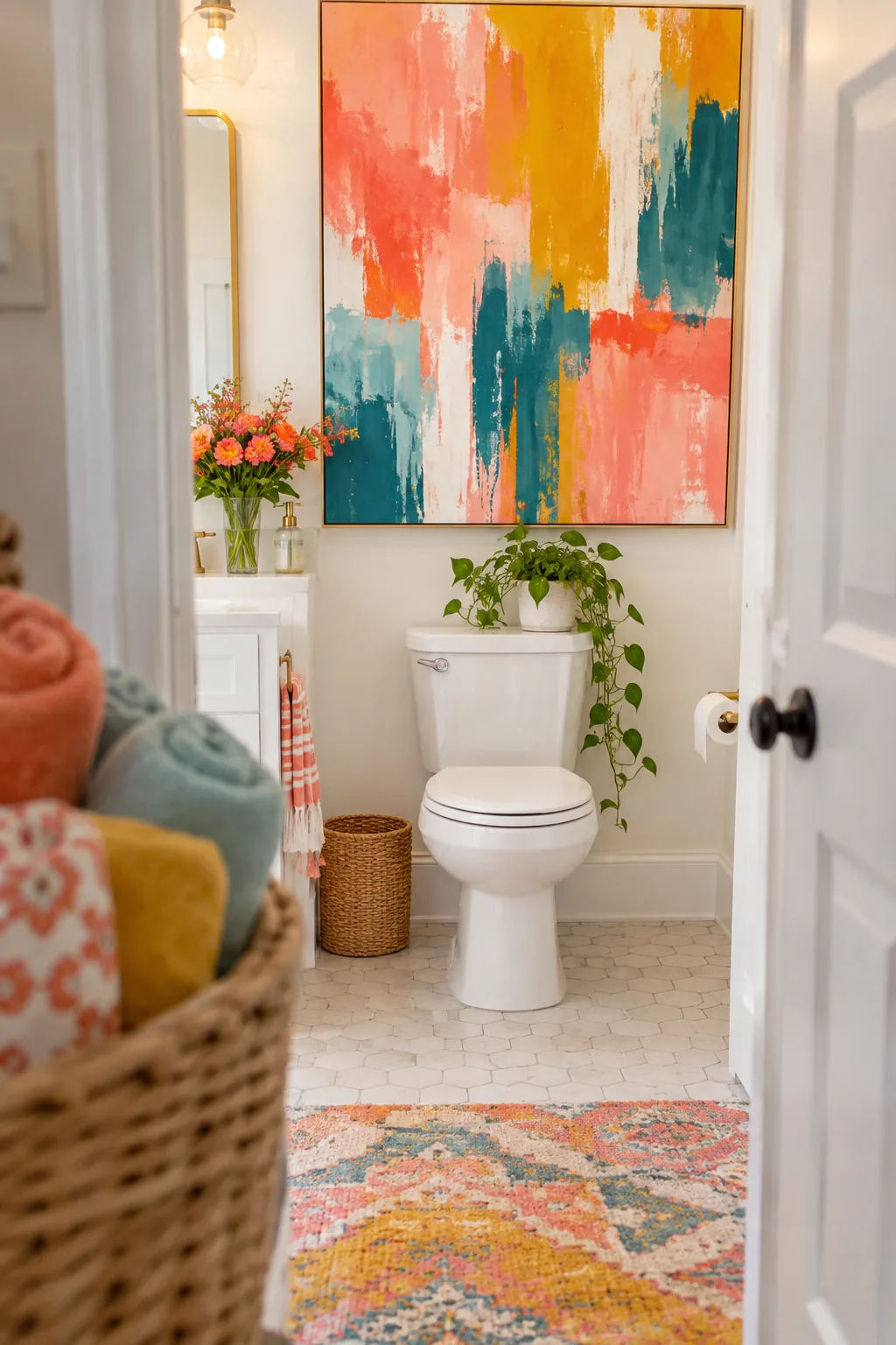 Large framed landscape art hanging on a small bathroom wall