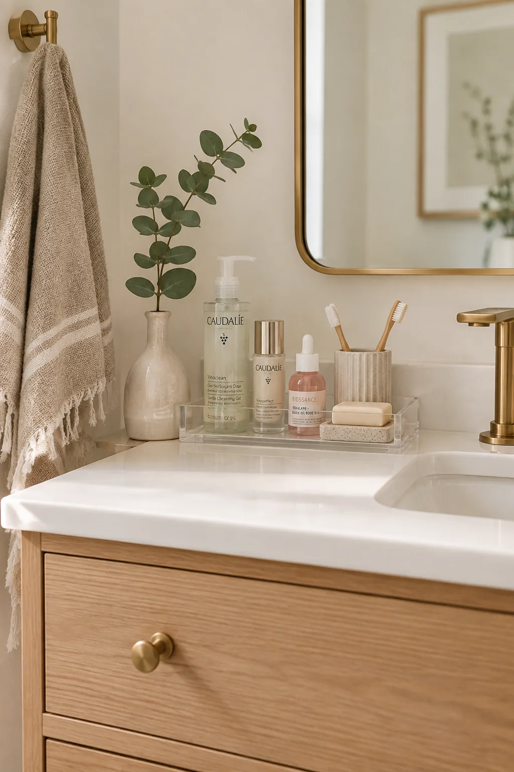 Clear acrylic tray holding skincare bottles and a toothbrush on a vanity