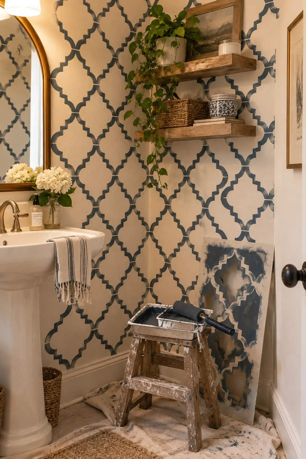 Bathroom wall with a subtle stenciled geometric pattern